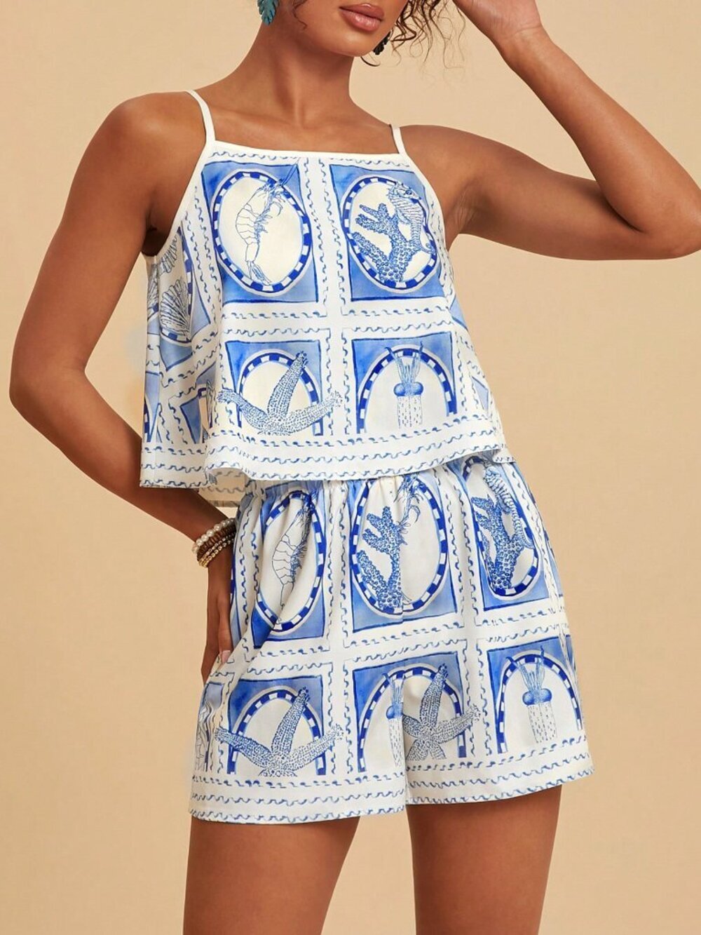 Blue and White Boho Women's Vacation Two-Piece Set - Picture 5 of 7